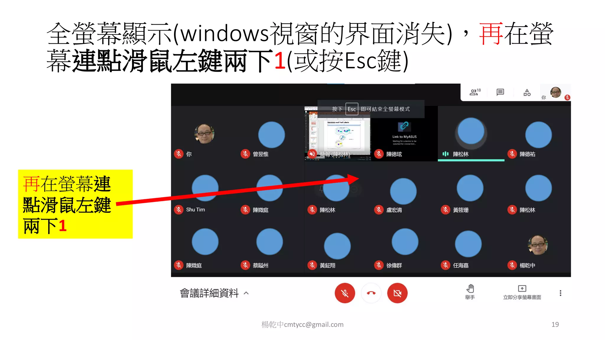 全螢幕顯示(windows視窗的界面消失)，再在螢
幕連點滑鼠左鍵兩下1(或按Esc鍵)
楊乾中cmtycc@gmail.com 19
再在螢幕連
點滑鼠左鍵
兩下1
 
