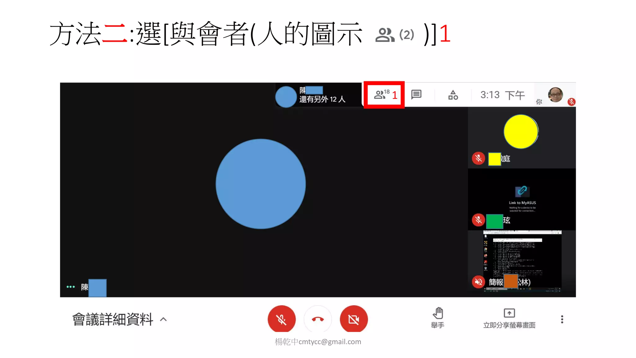 方法二:選[與會者(人的圖示 )]1
楊乾中cmtycc@gmail.com
1
 