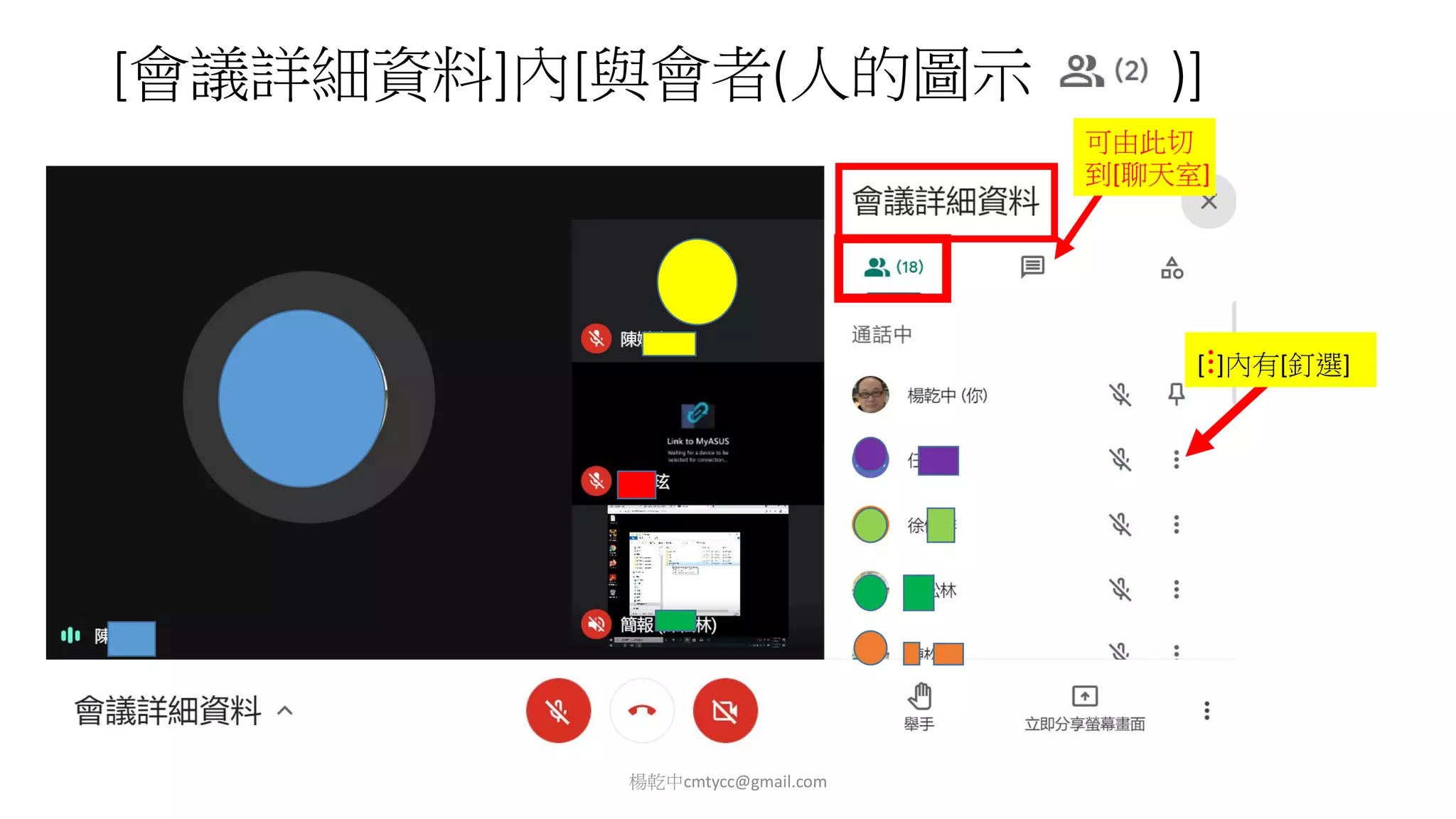 [會議詳細資料]內[與會者(人的圖示 )]
楊乾中cmtycc@gmail.com
可由此切
到[聊天室]
[⋮]內有[釘選]
 