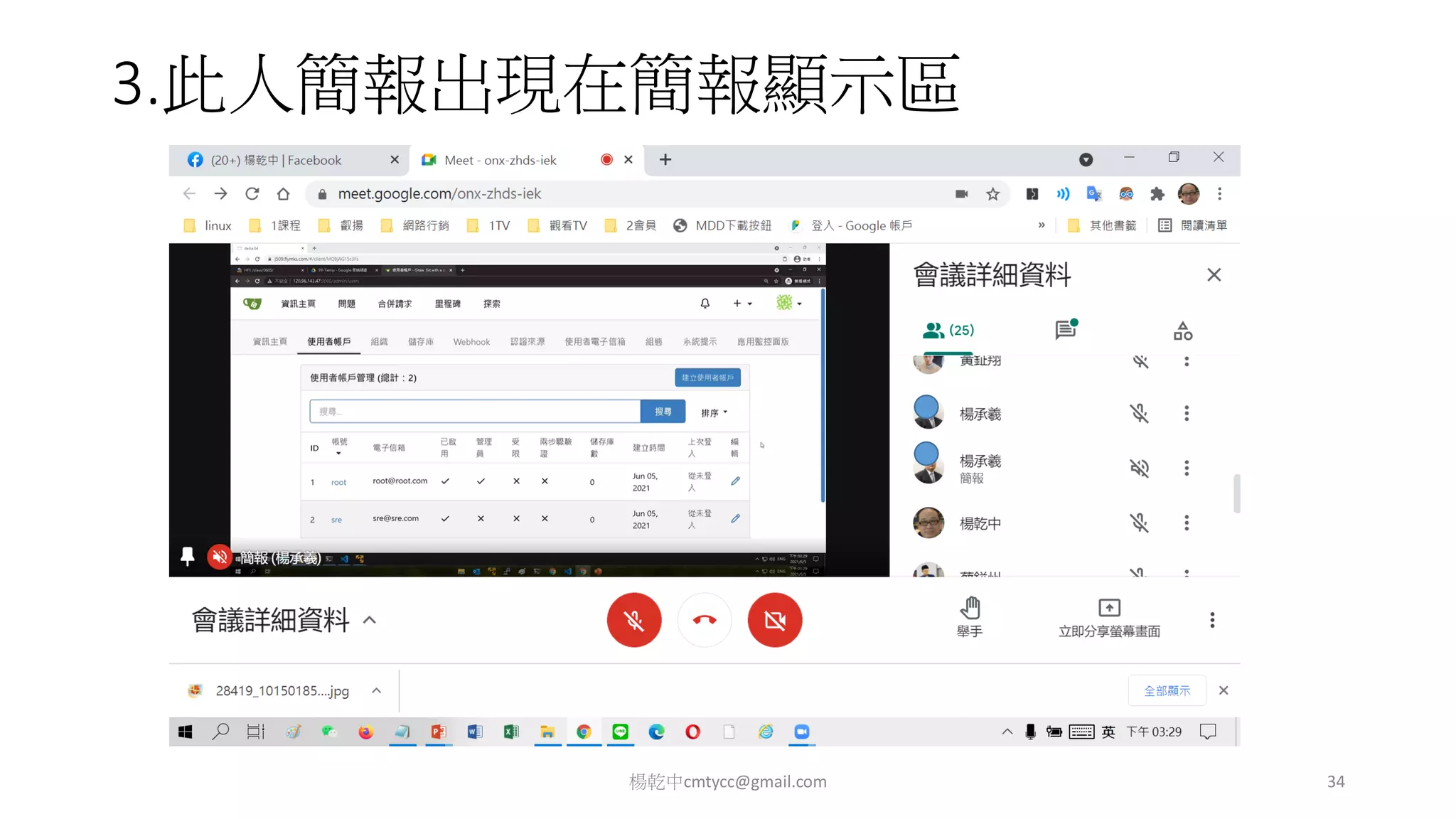 3.此人簡報出現在簡報顯示區
楊乾中cmtycc@gmail.com 34
 