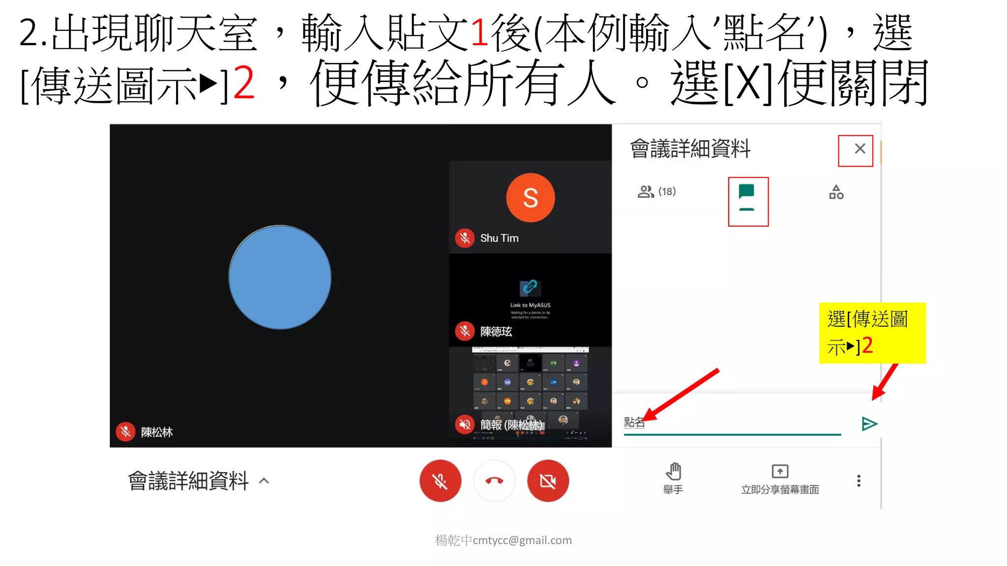 2.出現聊天室，輸入貼文1後(本例輸入’點名’)，選
[傳送圖示▶]2，便傳給所有人。選[X]便關閉
楊乾中cmtycc@gmail.com
輸入貼文1
選[傳送圖
示▶]2
 