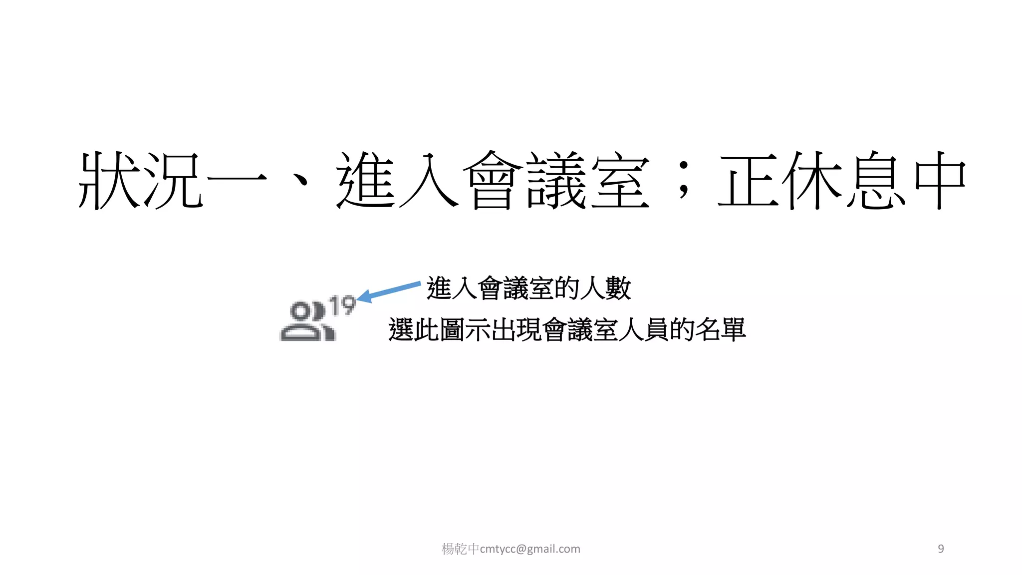 狀況一、進入會議室；正休息中
楊乾中cmtycc@gmail.com 9
選此圖示出現會議室人員的名單
進入會議室的人數
 
