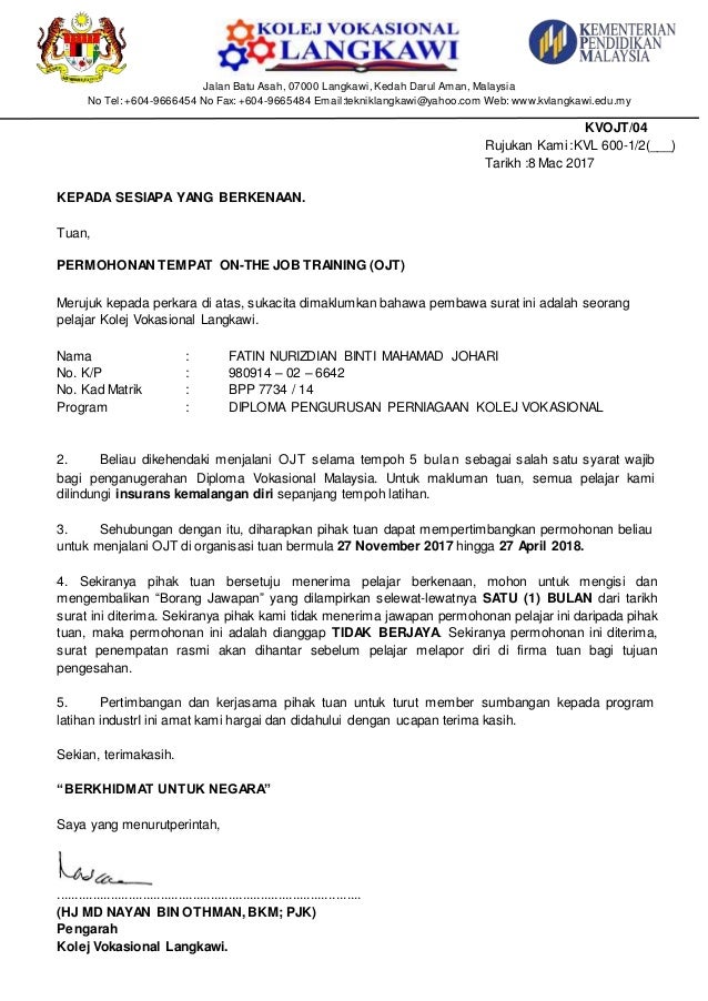 Kvojt 04 surat permohonan tempat ojt