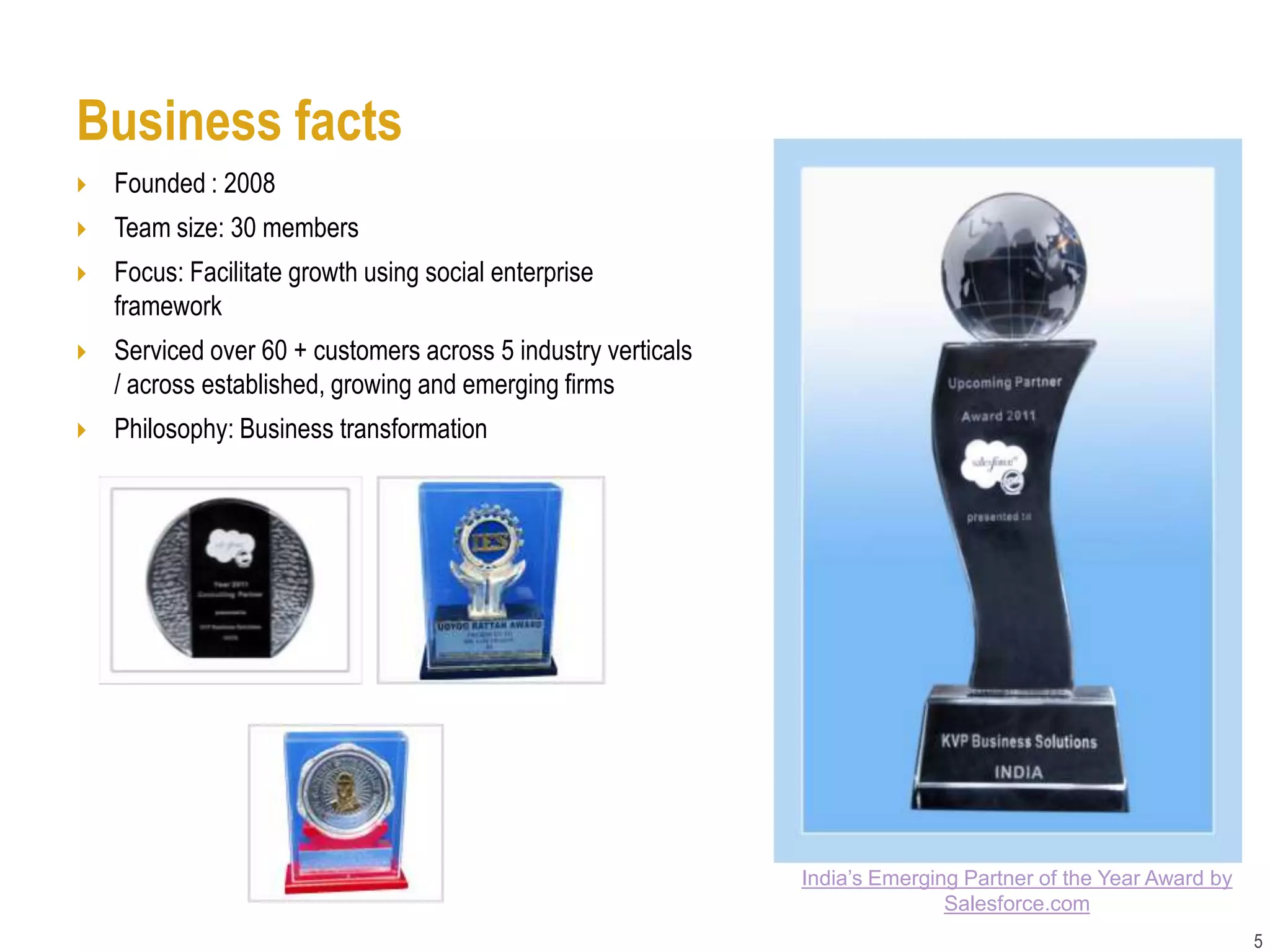 Business facts
   Founded : 2008
   Team size: 30 members
   Focus: Facilitate growth using social enterprise
    framework
   Serviced over 60 + customers across 5 industry verticals
    / across established, growing and emerging firms
   Philosophy: Business transformation




                                                               India’s Emerging Partner of the Year Award by
                                                                              Salesforce.com
                                                                                                               5
 