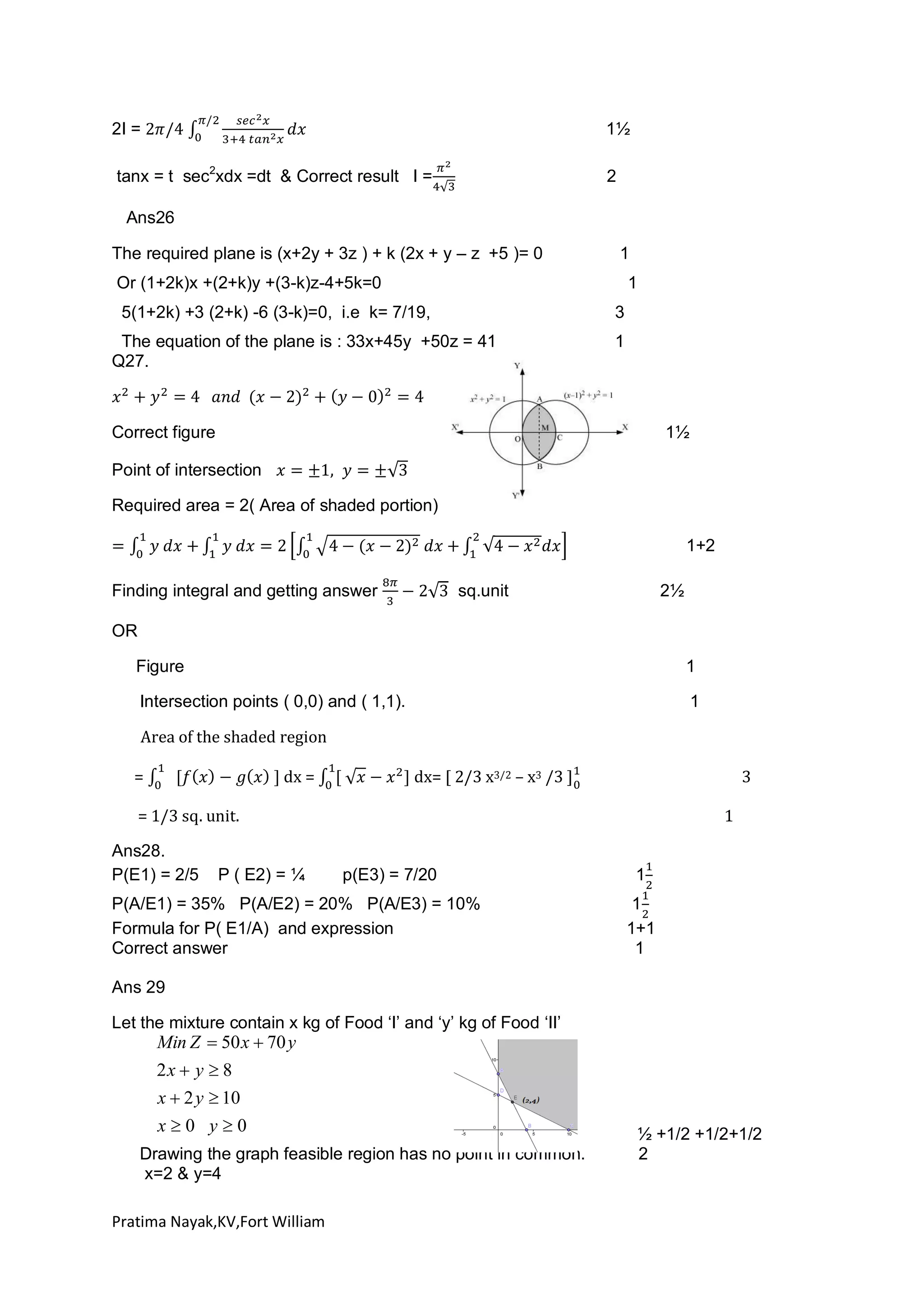 2I =

1½

tanx = t sec2xdx =dt & Correct result I =

2

Ans26
The required plane is (x+2y + 3z ) + k (2x + y – z +5 )= 0

1

Or (1+2k)x +(2+k)y +(3-k)z-4+5k=0

1

5(1+2k) +3 (2+k) -6 (3-k)=0, i.e k= 7/19,

3

The equation of the plane is : 33x+45y +50z = 41
Q27.

1

Correct figure

1½

Point of intersection
Required area = 2( Area of shaded portion)
1+2
Finding integral and getting answer

sq.unit

2½

OR
Figure

1

Intersection points ( 0,0) and ( 1,1).

1

Area of the shaded region
=

dx =

dx= [ 2/3 x3/2 – x3 /3 ]

3

= 1/3 sq. unit.
Ans28.
P(E1) = 2/5

P ( E2) = ¼

1
p(E3) = 7/20

P(A/E1) = 35% P(A/E2) = 20% P(A/E3) = 10%
Formula for P( E1/A) and expression
Correct answer

1
1
1+1
1

Ans 29
Let the mixture contain x kg of Food ‘I’ and ‘y’ kg of Food ‘II’

Min Z  50 x  70 y

2x  y  8
x  2 y  10
x0 y0
Drawing the graph feasible region has no point in common.
x=2 & y=4
Pratima Nayak,KV,Fort William

½ +1/2 +1/2+1/2
2

 