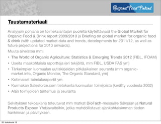 Taustamateriaali
Analyysin pohjana on toimeksiantajan puolelta käytettävissä the Global Market for
Organic Food & Drink report 2009/2010 ja Brieﬁng on global market for organic food
& drink (with updated market data and trends, developments for 2011/12, as well as
future projections for 2013 onwards).
Muuta aineistoa mm:
• The World of Organic Agriculture: Statistics & Emerging Trends 2012 (FIBL, IFOAM)
• Useita maakohtaisia raportteja (eri tekijöitä, mm FIBL, USDA FAS ym)
• Tärkeimpien luomualan uutiskirjeiden pitkäaikainen seuranta (mm organic-
market.info, Organic Monitor, The Organic Standard, ym)
• Kotimaiset toimialaraportit ym
• Kurmakan Salesforce.com tietokanta luomualan toimijoista (kerätty vuodesta 2002)
• Alan toimijoiden tuntemus ja seuranta
Selvityksen tekoaikana toteutuvat mm matkat BioFach-messuille Saksaan ja Natural
Products Expoon Yhdysvaltoihin, jotka mahdollistavat ajankohtaisimman tiedon
hankinnan ja päivityksen.
20. toukokuuta 13
 