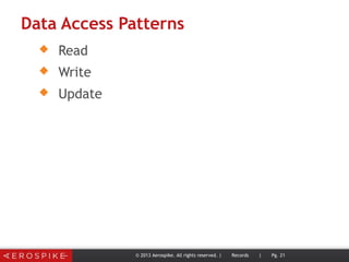 Data Access Patterns
 Read
 Write
 Update
© 2013 Aerospike. All rights reserved. | Records | Pg. 21
 