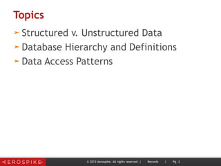Topics
➤ Structured v. Unstructured Data
➤ Database Hierarchy and Definitions
➤ Data Access Patterns
© 2013 Aerospike. All rights reserved. | Records | Pg. 3
 