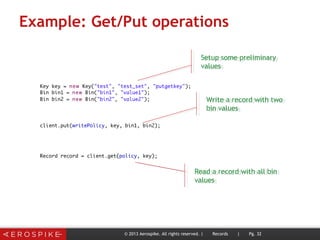 Example: Get/Put operations
© 2013 Aerospike. All rights reserved. | Records | Pg. 32
Setup some preliminary
values
Setup some preliminary
values
Write a record with two
bin values
Write a record with two
bin values
Read a record with all bin
values
Read a record with all bin
values
 