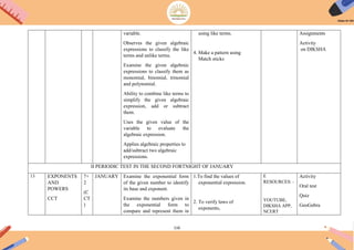 116
variable.
Observes the given algebraic
expressions to classify the like
terms and unlike terms.
Examine the given algebraic
expressions to classify them as
monomial, binomial, trinomial
and polynomial.
Ability to combine like terms to
simplify the given algebraic
expression, add or subtract
them.
Uses the given value of the
variable to evaluate the
algebraic expression.
Applies algebraic properties to
add/subtract two algebraic
expressions.
using like terms.
4. Make a pattern using
Match sticks
Assignments
Activity
on DIKSHA
II PERIODIC TEST IN THE SECOND FORTNIGHT OF JANUARY
13 EXPONENTS
AND
POWERS
CCT
7+
2
(C
CT
)
JANUARY Examine the exponential form
of the given number to identify
its base and exponent.
Examine the numbers given in
the exponential form to
compare and represent them in
1.To find the values of
exponential expression.
2. To verify laws of
exponents,
E
RESOURCES: -
YOUTUBE,
DIKSHA APP,
NCERT
Activity
Oral test
Quiz
GeoGebra
 