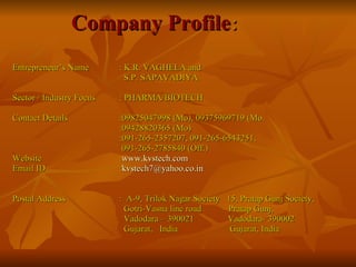 Company   Profile : Entrepreneur’s Name : K.R. VAGHELA and   S.P. SAPAVADIYA Sector / Industry Focus : PHARMA/BIOTECH Contact Details :09825047998 (Mo), 09375969719 (Mo. :09428820365 (Mo)   :091-265-2357207, 091-265-6543251,    091-265-2785840 (Off.) Website : www.kvstech.com Email ID : [email_address] Postal Address :  A-9, Trilok Nagar Society  15, Pratap Gunj Society,   Gotri-Vasna linc road  Pratap Gunj,    Vadodara – 390021  Vadodara- 390002   Gujarat,  India  Gujarat, India 
