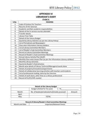 KVS Library Policy 2012

                                  APPENDIX-VI
                               LIBRARIAN’S DIARY
                                        INDEX
S.No                                        HEADING
  1.     Code of Conduct for Teachers
  2.     Resume of the Librarian
  3.     Academic and Non academic responsibilities
  4.     Details of the In-service courses attended
  5.     Transfer details
  6.     Library Time Table
  7.     Details of the Library Budget
  8.     Quarterly Library Statistics (as per the Library Policy)
  9.     List of Periodicals and Newspapers
  10.    Class-wise Information Literacy Syllabus
  11.    List of Library Committee Members
  12.    List of Reader’s Club Committee Members
  13.    Record of Library Committee Meetings
  14.    Record of Reader’s Club Committee Meetings
  15.    Annual Library Activity Plan (ALAP)
  16.    Monthly Class-wise Lesson Plan (as per the Information Literacy syllabus)
  17.    Monthly Library Activities
  18.    Quarterly Reader’s Club Activities
  19.    Month-wise details of Library Technical/Managerial works done
  20.    Details of projects/innovations/experiments
  21.    Details of collaborative learning activities with teachers and students
  22.    List of professional reading, done by the Librarian
  23.    Details of work done, other than as a Library professional
  24.    Record of CL/CCL/HPL availed



                             Details of the Library Budget
                         Budget allotted for the year(     ) : Rs___________________
        Month           No. of books/periodicals/multimedia accessed          Amount
         April
         May                                TOTAL

              Record of Library/Reader’s Club Committee Meetings
 Month and Date                        Important/Relevant Points



                                                                                 Page | 54
 