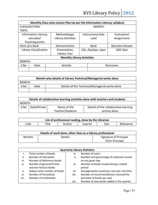 KVS Library Policy 2012
         Monthly Class-wise Lesson Plan (as per the Information Literacy syllabus)
CLASS/SECTION:                                             MONTH:
TOPIC:
  Information Literacy      Methodology/         Instructional Aids       Evaluation/
       concepts/           Library Activities           used              Assignments
     Teaching points
Parts of a Book             Demonstration               Book            Question-Answer
  Library Classification     Presentation,      CAL, Displays, signs        DDC Quiz
                              Library Tour
                                 Monthly Library Activities
MONTH:
 S.No       Date                  Activity                          Outcomes



                Month-wise details of Library Technical/Managerial works done
MONTH:
S.No           Date                   Details of the Technical/Managerial works done



     Details of collaborative learning activities done with teachers and students
MONTH:
S.No Date/Period            Name of the              Details of the collaborative learning
                         Teacher/Students                        activity done

                         List of professional reading, done by the Librarian
        S.No             Title          Author         Imprint          Gist           Relevance

                      Details of work done, other than as a Library professional
   Months                             Details                         Signature of Principal
                                                                         /Vice-Principal

                                     Quarterly Library Statistics
   i.     Total number of books                 ix.    Number of users
  ii.     Number of text books                   x.    Number and percentage of collection issued
 iii.     Number of Reference books.                   on any given day
 iv.      Number of general( fiction            xi.    Number of books issued during a stated
          and non-fiction) books                       period
   v.     Subject-wise number of books          xii.   Average books issued per user per unit time
  vi.     Number of Periodicals                xiii.   Number of recommendations received for
 vii.     Number of multimedia                         purchase of books per year
                                               xiv.    Number of new books added in the quarter


                                                                                          Page | 55
 
