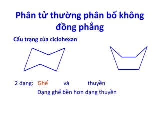 Phân tử thường phân bố không 
đồng phẳng 
Cấu trạng của ciclohexan 
2 dạng: Ghế và thuyền 
Dạng ghế bền hơn dạng thuyền 
 