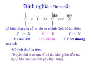 Định nghĩa - Tính chất 
  
C > C >> C >>> X 
Là hiệu ứng của nối , do sự chênh lệch độ âm điện 
C –>- X C –– H C -<– Y 
–I: Cảm âm I=0: chuẩn +I: Cảm dương 
Tính chất 
-Có tính thường trực. 
-Truyền dài theo trục C và tắt dần (giảm dần tác 
dụng khi càng xa tâm gây hiệu ứng). 
 