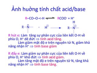 Ảnh huởng tính chất acid/base 
R–CO–O-<-H RCOO- + H+ 
R N H R N 
R hút e: Làm tăng sự phân cực của liên kết O-H về 
phía O, H+ dê đứt tính acid tăng. 
Làm giảm mật độ e trên nguyên tử N, giảm khả 
năng nhận H+  tính base giảm 
R đẩy e: Làm giảm sự phân cực của liên kết O-H về 
phía O, H+ khó đứt tính acid giảm. 
Làm tăng mật độ e trên nguyên tử N, tăng khả 
năng nhận H+  tính base tăng. 
H 
 