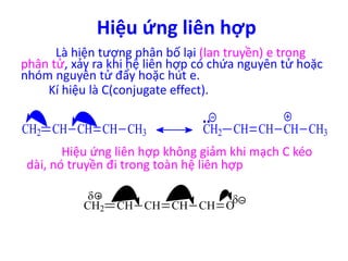 Hiệu ứng liên hợp 
Là hiện tượng phân bố lại (lan truyền) e trong 
phân tử, xảy ra khi hệ liên hợp có chứa nguyên tử hoặc 
nhóm nguyên tử đẩy hoặc hút e. 
Kí hiệu là C(conjugate effect). 
CH2 CH CH CH CH3 CH2 CH CH CH CH3 
Hiệu ứng liên hợp không giảm khi mạch C kéo 
dài, nó truyền đi trong toàn hệ liên hợp 
  
CH2 CH CH CH CH O 
 