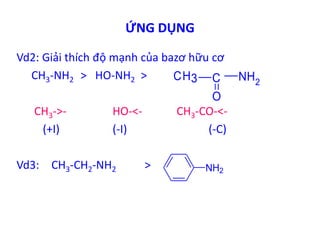 ỨNG DỤNG 
Vd2: Giải thích độ mạnh của bazơ hữu cơ 
CH3-NH2 > HO-NH2 > 
CH3->- HO-<- CH3-CO-<- 
(+I) (-I) (-C) 
Vd3: CH3-CH2-NH2 > 
CH3 C 
O 
NH2 
NH2 
 