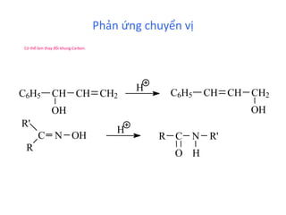 Phản ứng chuyển vị 
Có thể làm thay đổi khung Carbon. 
C6H5 CH CH CH2 
OH 
H 
C6H5 CH CH CH2 
OH 
C N OH 
R' 
R 
H 
R C 
O 
N R' 
H 
 