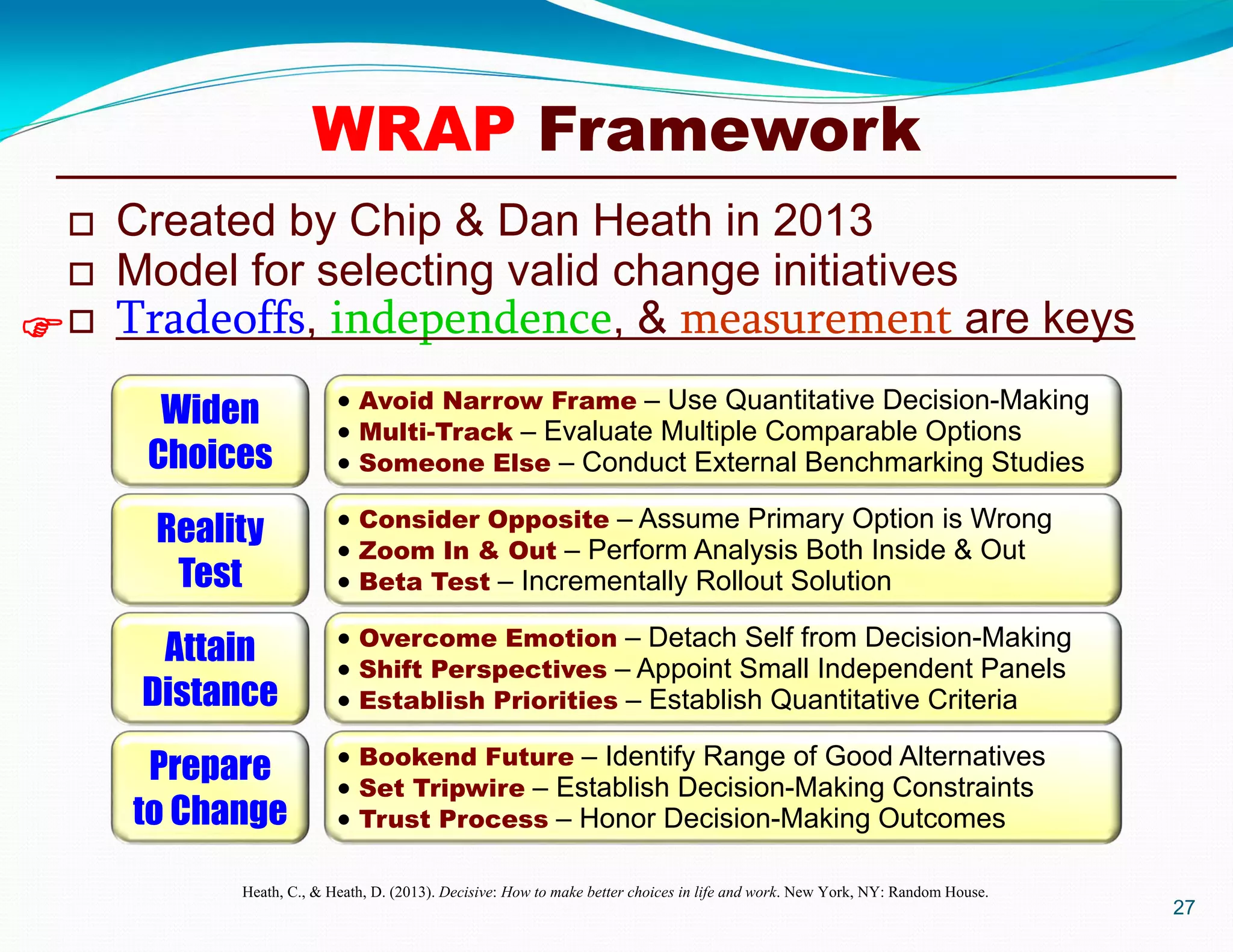  Created by Chip & Dan Heath in 2013
 Model for selecting valid change initiatives
 Tradeoffs, independence, & measurement are keys
27

WRAP Framework
Widen
Choices
 Avoid Narrow Frame – Use Quantitative Decision-Making
 Multi-Track – Evaluate Multiple Comparable Options
 Someone Else – Conduct External Benchmarking Studies
Reality
Test
 Consider Opposite – Assume Primary Option is Wrong
 Zoom In & Out – Perform Analysis Both Inside & Out
 Beta Test – Incrementally Rollout Solution
Attain
Distance
 Overcome Emotion – Detach Self from Decision-Making
 Shift Perspectives – Appoint Small Independent Panels
 Establish Priorities – Establish Quantitative Criteria
Prepare
to Change
 Bookend Future – Identify Range of Good Alternatives
 Set Tripwire – Establish Decision-Making Constraints
 Trust Process – Honor Decision-Making Outcomes
Heath, C., & Heath, D. (2013). Decisive: How to make better choices in life and work. New York, NY: Random House.
 