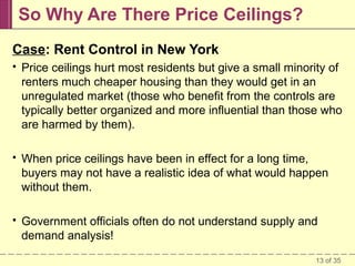 So Why Are There Price Ceilings?
Case: Rent Control in New York


Price ceilings hurt most residents but give a small minority of
renters much cheaper housing than they would get in an
unregulated market (those who benefit from the controls are
typically better organized and more influential than those who
are harmed by them).



When price ceilings have been in effect for a long time,
buyers may not have a realistic idea of what would happen
without them.



Government officials often do not understand supply and
demand analysis!
13 of 35

 