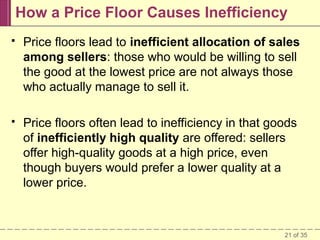 How a Price Floor Causes Inefficiency


Price floors lead to inefficient allocation of sales
among sellers: those who would be willing to sell
the good at the lowest price are not always those
who actually manage to sell it.



Price floors often lead to inefficiency in that goods
of inefficiently high quality are offered: sellers
offer high-quality goods at a high price, even
though buyers would prefer a lower quality at a
lower price.

21 of 35

 
