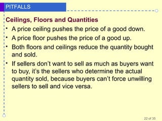 PITFALLS

Ceilings, Floors and Quantities
 A price ceiling pushes the price of a good down.
 A price floor pushes the price of a good up.
 Both floors and ceilings reduce the quantity bought
and sold.
 If sellers don’t want to sell as much as buyers want
to buy, it’s the sellers who determine the actual
quantity sold, because buyers can’t force unwilling
sellers to sell and vice versa.

22 of 35

 