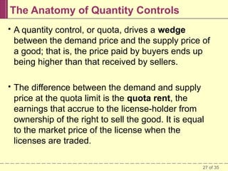 The Anatomy of Quantity Controls


A quantity control, or quota, drives a wedge
between the demand price and the supply price of
a good; that is, the price paid by buyers ends up
being higher than that received by sellers.



The difference between the demand and supply
price at the quota limit is the quota rent, the
earnings that accrue to the license-holder from
ownership of the right to sell the good. It is equal
to the market price of the license when the
licenses are traded.
27 of 35

 