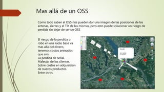 Mas allá de un OSS
Como todo saben el OSS nos pueden dar una imagen de las posiciones de las
antenas, alertas y el Tilt de las mismas, pero esto puede solucionar un riesgo de
perdida sin dejar de ser un OSS
El riesgo de la perdida o
robo en una radio base va
mas allá del dinero,
tenemos costos anexados
que son:
La perdida de señal.
Malestar de los clientes.
Sobre costos en adquisición
de nuevos productos.
Entre otros
 