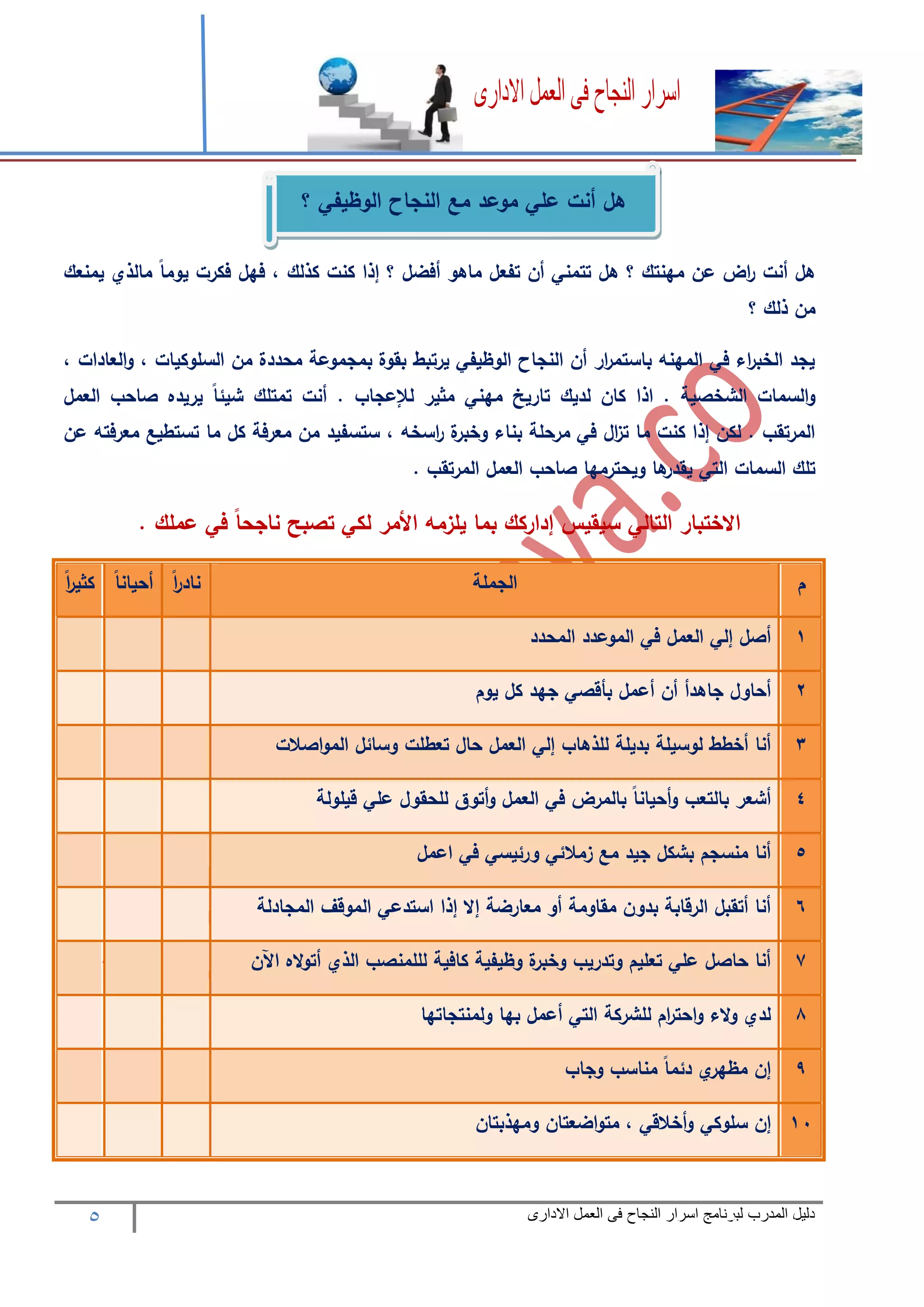 5 ‫المدرب‬ ‫دليل‬‫االدارى‬ ‫العمل‬ ‫فى‬ ‫النجاح‬ ‫اسرار‬ ‫لبرنامج‬
‫يمنعك‬ ‫مالذي‬ ً‫ا‬‫يوم‬ ‫فكرت‬ ‫فهل‬ ، ‫كذلك‬ ‫كنت‬ ‫إذا‬ ‫؟‬ ‫أفضل‬ ‫ماهو‬ ‫تفعل‬ ‫أن‬ ‫تتمني‬ ‫هل‬ ‫؟‬ ‫مهنتك‬ ‫عن‬ ‫اض‬‫ر‬ ‫أنت‬ ‫هل‬
‫؟‬ ‫ذلك‬ ‫من‬
، ‫العادات‬‫و‬ ، ‫السلوكيات‬ ‫من‬ ‫محددة‬ ‫بمجموعة‬ ‫بقوة‬ ‫يرتبط‬ ‫الوظيفي‬ ‫النجاح‬ ‫أن‬ ‫ار‬‫ر‬‫باستم‬ ‫المهنه‬ ‫في‬ ‫اء‬‫ر‬‫الخب‬ ‫يجد‬
‫العمل‬ ‫صاحب‬ ‫يريده‬ ً‫ا‬‫شيئ‬ ‫تمتلك‬ ‫أنت‬ . ‫لإلعجاب‬ ‫مثير‬ ‫مهني‬ ‫تاريخ‬ ‫لديك‬ ‫كان‬ ‫اذا‬ . ‫الشخصية‬ ‫السمات‬‫و‬
‫م‬ ‫ستسفيد‬ ، ‫اسخه‬‫ر‬ ‫ة‬‫وخبر‬ ‫بناء‬ ‫مرحلة‬ ‫في‬ ‫ال‬‫ز‬‫ت‬ ‫ما‬ ‫كنت‬ ‫إذا‬ ‫لكن‬ . ‫المرتقب‬‫عن‬ ‫معرفته‬ ‫تستطيع‬ ‫ما‬ ‫كل‬ ‫معرفة‬ ‫ن‬
. ‫المرتقب‬ ‫العمل‬ ‫صاحب‬ ‫ويحترمها‬ ‫ها‬‫يقدر‬ ‫التي‬ ‫السمات‬ ‫تلك‬
. ‫عملك‬ ‫في‬ ً‫ا‬‫ناجح‬ ‫تصبح‬ ‫لكي‬ ‫األمر‬ ‫يلزمه‬ ‫بما‬ ‫إداركك‬ ‫سيقيس‬ ‫التالي‬ ‫االختبار‬
‫م‬‫ال‬‫جملة‬ً‫ا‬‫ر‬‫ناد‬ً‫ا‬‫أحيان‬ً‫ا‬‫ر‬‫كثي‬
1‫المحدد‬ ‫الموعدد‬ ‫في‬ ‫العمل‬ ‫إلي‬ ‫أصل‬
2‫يوم‬ ‫كل‬ ‫جهد‬ ‫بأقصي‬ ‫أعمل‬ ‫أن‬ ‫جاهدأ‬ ‫أحاول‬
3‫اصالت‬‫و‬‫الم‬ ‫وسائل‬ ‫تعطلت‬ ‫حال‬ ‫العمل‬ ‫إلي‬ ‫للذهاب‬ ‫بديلة‬ ‫لوسيلة‬ ‫أخطط‬ ‫أنا‬
4‫قيلولة‬ ‫علي‬ ‫للحقول‬ ‫أتوق‬‫و‬ ‫العمل‬ ‫في‬ ‫بالمرض‬ ً‫ا‬‫أحيان‬‫و‬ ‫بالتعب‬ ‫أشعر‬
5‫اعمل‬ ‫في‬ ‫ورئيسي‬ ‫زمالئي‬ ‫مع‬ ‫جيد‬ ‫بشكل‬ ‫منسجم‬ ‫أنا‬
6‫المجادلة‬ ‫الموقف‬ ‫استدعي‬ ‫إذا‬ ‫إال‬ ‫معارضة‬ ‫أو‬ ‫مقاومة‬ ‫بدون‬ ‫الرقابة‬ ‫أتقبل‬ ‫أنا‬
7‫اآلن‬ ‫اله‬‫و‬‫أت‬ ‫الذي‬ ‫لللمنصب‬ ‫كافية‬ ‫وظيفية‬ ‫ة‬‫وخبر‬ ‫وتدريب‬ ‫تعليم‬ ‫علي‬ ‫حاصل‬ ‫أنا‬
8‫ولمنتجاتها‬ ‫بها‬ ‫أعمل‬ ‫التي‬ ‫للشركة‬ ‫ام‬‫ر‬‫احت‬‫و‬ ‫الء‬‫و‬ ‫لدي‬
9‫وجاب‬ ‫مناسب‬ ً‫ا‬‫دئم‬ ‫ي‬‫مظهر‬ ‫إن‬
11‫سلوكي‬ ‫إن‬‫ومهذبتان‬ ‫اضعتان‬‫و‬‫مت‬ ، ‫أخالقي‬‫و‬
‫؟‬ ‫الوظيفي‬ ‫النجاح‬ ‫مع‬ ‫موعد‬ ‫علي‬ ‫أنت‬ ‫هل‬
 