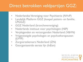 Direct betrokken veldpartijen GGZ:
• NederlandseVereniging voor Psychiatrie (NVvP)
• Landelijk Platform GGZ (koepel patient- en familie,
LPGGZ)
• GGZ Nederland (branchevereniging)
• Nederlands instituut voor psychologen (NIP)
• Verplegenden en verzorgenden Nederland (V&VN)
• Vrijgevestigde psychologen en psychotherapeuten
(LVVP)
• Zorgverzekeraars Nederland (ZN)
• Georganiseerde eerste lijn (InEen)
 