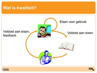 Wat is kwaliteit?
Voldoet aan eisen:
feedback
Eisen voor gebruik
Voldoet aan eisen
 
