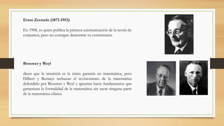 Ernst Zermelo (1871-1953)
En 1908, es quien publica la primera axiomatización de la teoría de
conjuntos, pero no consigue demostrar su consistencia.
Brouwer y Weyl
dicen que la intuición es la única garantía en matemática, pero
Hilbert y Bernays rechazan el revisionismo de la matemática
defendido por Brouwer y Weyl y apuntan hacia fundamentos que
garantizan la formalidad de la matemática sin sacar ninguna parte
de la matemática clásica
 