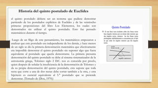 Historia del quinto postulado de Euclides
el quinto postulado debiera ser un teorema que pudiese demostrar
partiendo de los postulados explícitos de Euclides y de las veintiocho
primeras proposiciones del libro Los Elementos, los cuales son
demostrados sin utilizar el quinto postulado. Esto fue pensado
matemáticos durante el tiempo.
Luego de un Sligo de este pensamiento, los matemáticos empezaron a
analizar que este postulado era independiente de los demás, y hace menos
de un siglo se dio la primera demostración matemática que efectivamente
era imposible demostrar el quinto postulado sin suponer algo que fuera
equivalente al postulado que quería demostrarse. La primera presunta
demostración del quinto postulado se debe al sistema sistematizador de la
astronomía griega, Tolomeo siglo 2 D.C. nos es conocida por proclo,
quien después de señalar la insuficiencia de la demostración de Tolomeo y
da su propia demostración del quinto postulado, esta supone que toda
recta que corte a una de dos rectas debe cortar también a la otra, y esta
hipótesis es esencial equivalente al 5." postulado que se pretende
demostrar. (Tomado de (Dou, 1970))
 