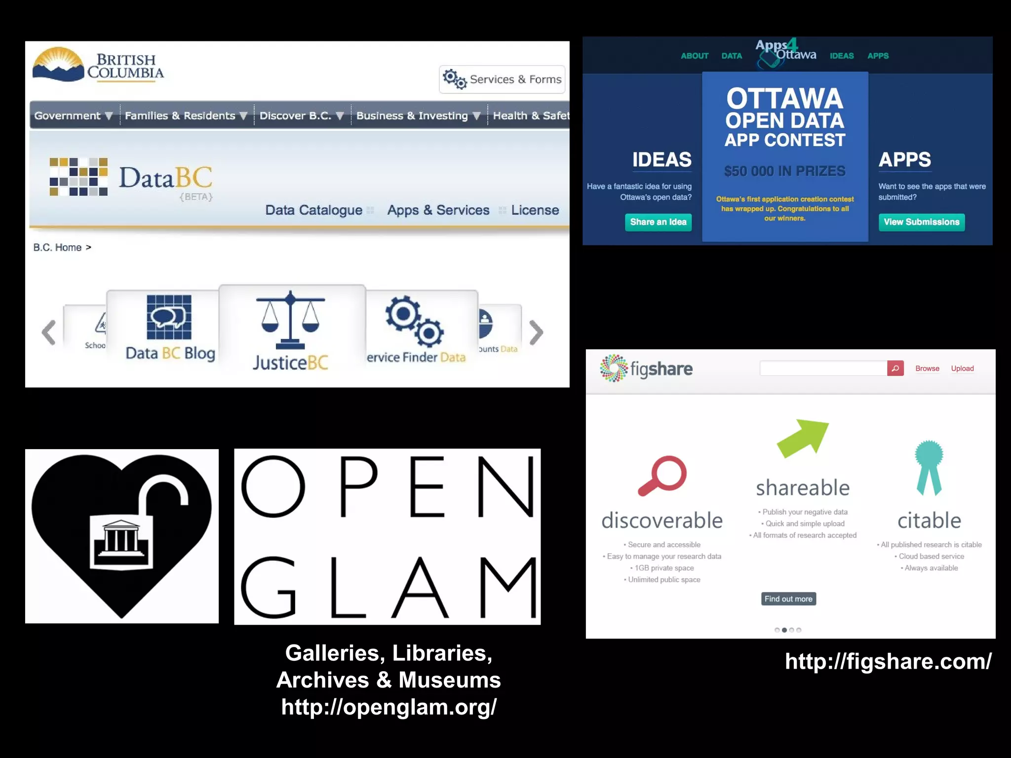 Galleries, Libraries,   http://figshare.com/
Archives & Museums
http://openglam.org/
 