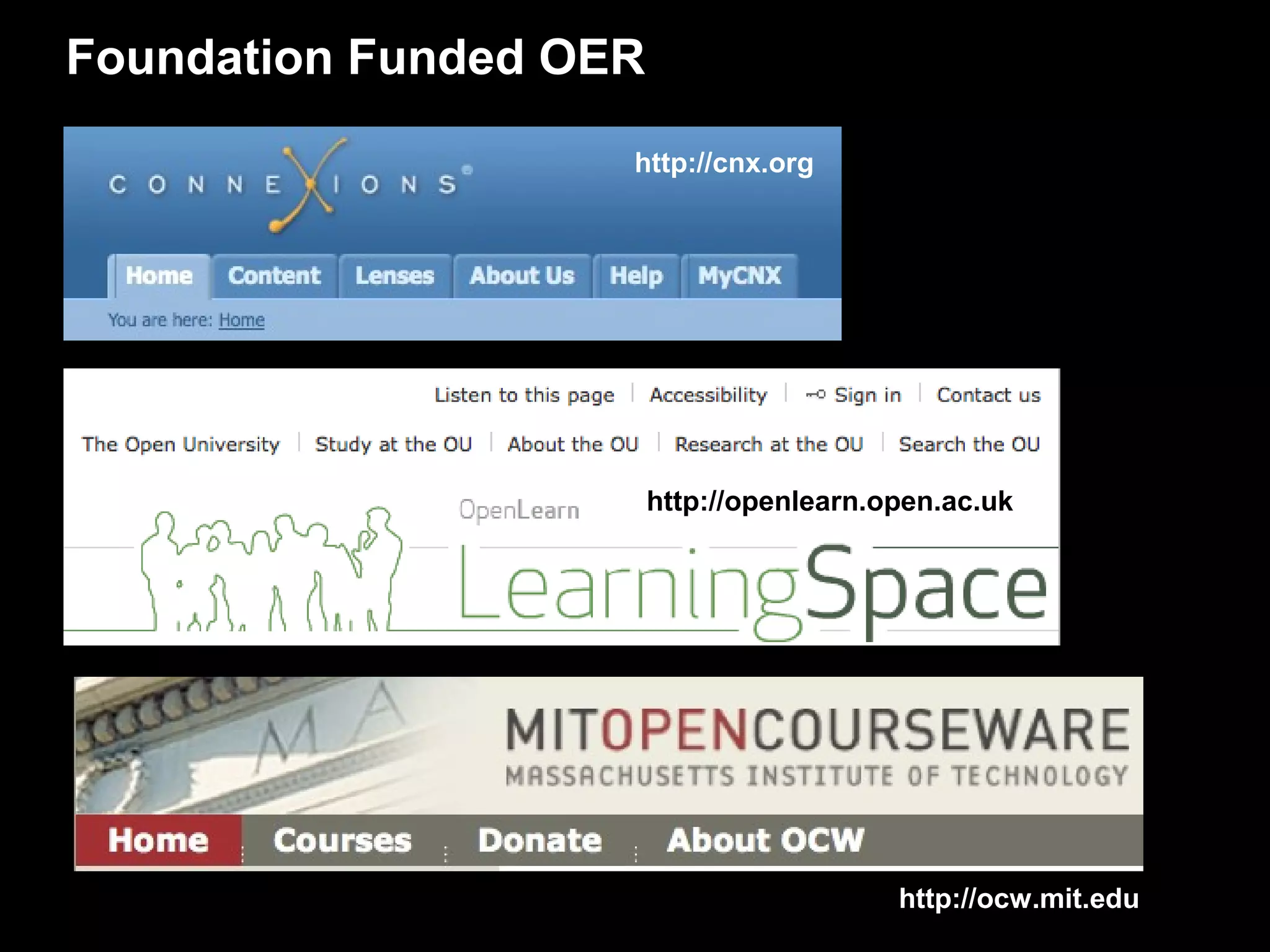 Foundation Funded OER
                    http://cnx.org




                        http://openlearn.open.ac.uk




                                          http://ocw.mit.edu
 