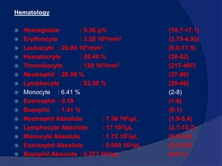 Laboratory Result : (April 15th 2010)Liver: Total Bilirubin	: 0.41 mg/dL 	(<1)Direct Bilirubin	:  1.32 mg/dL 	(0-0.2)  	   	Alkaline Phosphatase: 133 U/L 	(<449)SGOT/AST	: 68 U/L 	(<38)  	   	SGPT/ALT	:34 U/L 		(<41)Albumin	: 1.4 g/dl 			(3.8-5.4) Kidney	: Ureum		: 12 mg/dL (<50)Creatine	: 0.24 mg/dL (0.17-0.42)		  Uric acid	: 1.4 mg/dL (<7.0) 