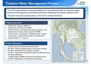 Thailand Water Management Project
• The Thai government announced plans for international bids for national water
resources management and flood prevention following the severe flood in 2011
• K-water has been participating in the bid on behalf of Korea

Project Overview
•
•
•
•
•

Project cost : Approx. KRW11 trn
Project area : 25 rivers in Thailand
Project modules : 9 projects (dam, polder, floodway, river
improvement, monkey cheek, system for IWRM)
Project scope : Concept plan – feasibility study - design –
construction – support for operations & management
Project duration : 3 – 5 years

Project Milestones
•
•
•
•

•

Jul 2012 : Announcement of international bid
Sep 2012 : Named qualified bidder for all project modules
Feb 2013 : Short-listed for all project modules
Jun 2013 : Selected as the preferred bidder for Monkey Cheek
& Floodway Modules
* Project budget : KRW6.2 trn (56% of total project cost)
Oct 2013 : Negotiation of contract terms underway
20

 