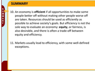 SUMMARY
10. An economy is efficient if all opportunities to make some
people better off without making other people worse off
are taken. Resources should be used as efficiently as
possible to achieve society’s goals. But efficiency is not the
sole way to evaluate an economy: equity, or fairness, is
also desirable, and there is often a trade-off between
equity and efficiency.
11. Markets usually lead to efficiency, with some well-defined
exceptions.

 