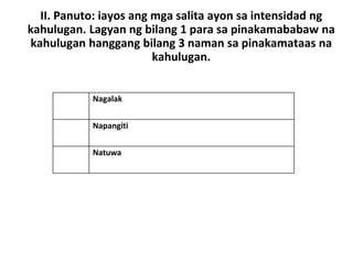 II. Panuto: iayos ang mga salita ayon sa intensidad ng
kahulugan. Lagyan ng bilang 1 para sa pinakamababaw na
kahulugan hanggang bilang 3 naman sa pinakamataas na
kahulugan.
Nagalak
Napangiti
Natuwa
 