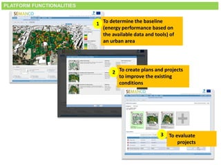 Smart City Expo World Congress, Barcelona, 18-20 November 2014
To determine the baseline
(energy performance based on
the available data and tools) of
an urban area
1
To create plans and projects
to improve the existing
conditions
2
To evaluate
projects
3
PLATFORM FUNCTIONALITIES
 