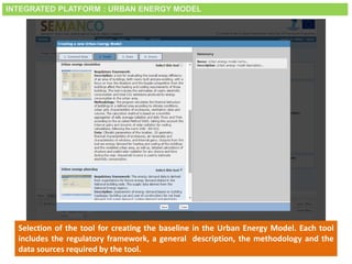 Smart City Expo World Congress, Barcelona, 18-20 November 2014
Selection of the tool for creating the baseline in the Urban Energy Model. Each tool
includes the regulatory framework, a general description, the methodology and the
data sources required by the tool.
INTEGRATED PLATFORM : URBAN ENERGY MODEL
 