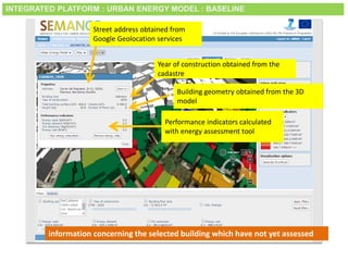 Smart City Expo World Congress, Barcelona, 18-20 November 2014
information concerning the selected building which have not yet assessed
Building geometry obtained from the 3D
model
Street address obtained from
Google Geolocation services
Performance indicators calculated
with energy assessment tool
Year of construction obtained from the
cadastre
INTEGRATED PLATFORM : URBAN ENERGY MODEL : BASELINE
 