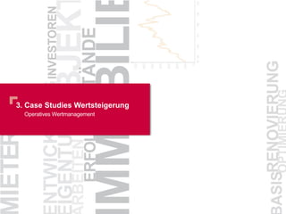 SEITE
2. Unternehmen
Property Management – KWG Wohnwert
14
 Erstellung von Betriebskostenabrechnungen und
Wirtschaftsplänen
 Mietvertragswesen, Rechnungsbearbeitung
(OP-Management)
 Erfassen laufender Buchungsbelege
 Forderungsmanagement und Reporting
 Mitwirken bei Monats- und Jahresabschlussarbeiten
 Enge Verzahnung mit den Regionalbüros
Tätigkeiten Zentrale Glauchau
Tätigkeitsprofil technischer Objektmanager
 Planung, Organisation und Kontrolle von
Instandsetzungs- und Wartungsarbeiten
 Planung, Vergabe, Kontrolle und Abnahme von
Bauleistungen sowie Reparaturen
 Überwachung der Subunternehmerleistungen
 Kosten- u. Qualitätskontrolle, Gewährleistungsverfolgung
 organisatorische Aufstellung aller objektrelevanten
Unterlagen und die regelmäßige Kontrolle
Tätigkeitsprofil kaufmännischer Objektmanager
 allgemeine Mieterbetreuung
 Schaltung von Vermietungs-Anzeigen
 Ausfertigung von Mietverträgen
 Vermietung und Reporting
 Wohnungsübergaben/-abnahmen und Vorabnahmen
 Forderungsmanagement vor Ort
 Beauftragung von Reparaturmaßnahmen
Tätigkeiten der Regionalbüros
Zentrale Glauchau
Regionalbüros
Bad Langensalza
Berlin
Braunschweig
Bremen
Celle
Erfurt
Hainichen
 