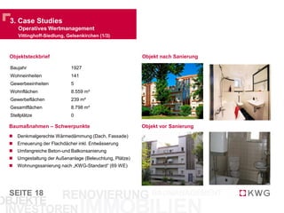 SEITE
3. Case Studies
Veilchengrund, Celle (2/3)
18
Bestandsentwicklung
519.067 €
4,34 €/m²
376.640 €
4,37 €/m²
430.412 €
4,89 €/m²
856.006 €
5,79 €/m²
907.368 €
5,97 €/m²
42 ME
78 ME 77 ME
10 ME
5 ME 0
10
20
30
40
50
60
70
80
90
0
100,000
200,000
300,000
400,000
500,000
600,000
700,000
800,000
900,000
1,000,000
2008 2009 2010 2011 2012
LeerstandMieteinheiten(ME)
Nettokaltmietep.a.in€
IST-Miete p.a. (bei konstanter Brutto-Warmmiete) Leerstand
 