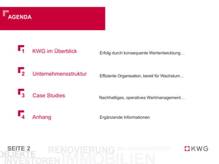 SEITE
AGENDA
2
1 KWG im Überblick Erfolg durch konsequente Wertentwicklung …
2 Unternehmen Langfristig erfolgreiches Wachstum …
3 Case Studies Attraktive und nachhaltige Renditen …
4 Finanzen Rekordjahr 2012 unterstreicht profitables Wachstum …
 