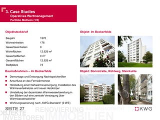 SEITE
4. Finanzen
Key Financial Figures 2012
27
Geschäftszahlen 2012 verdeutlichen operativen Erfolg …
21.7 m.€
27.9 m.€
FY2011 FY2012
Bruttomieten
14.8 m.€
19.8 m.€
FY2011 FY2012
Nettomieten
59.9 %
57.4 %
FY2011 FY2012
LTV
1.2 m.€
2.3 m.€
FY2011 FY2012
FFO
8.41 €
11.19 €
FY2011 FY2012
NNNAV / Aktie
9.8 m.€
46.5 m.€
FY2011 FY2012
Konzernergebnis
Nettomiete steigt stärker als
Bruttomiete: Effiziente Sanierung
Dynamische Steigerung
der Ertragskraft und Profitabilität
Substanzbasiertes Wachstum
bei konservativer Verschuldung
+29%
+34%
+92%
+374%
-4%
+33%
 