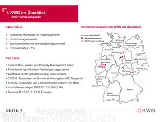 SEITE
1. Exzellente Mikrolagen in Regionalzentren
2. Undermanaged assets
3. Wohnimmobilien mit Wertsteigerungspotential
4. ROI nachhaltig > 8%
1. KWG im Überblick
Unternehmensprofil
4
Immobilienbestand
Kennzahlen
KWG Fokus
= Bestandsstandorte
= Sitz der KWG AG
2012 2011 2010
Umsatzerlöse 27,9 m.€ 21,7 m.€ 19,8 m.€
Nettokaltmieten 19,8 m.€ 14,8 m.€ 13,3 m.€
Immobilienvermögen 428,9 m.€ 226,4 m.€ 118,6 m.€
FFO je Aktie 0,14 € 0,11 € 0,07 €
NNNAV je Aktie 11,19 € 8,41 € 7,99 €
= Wohnungsverwaltung
 