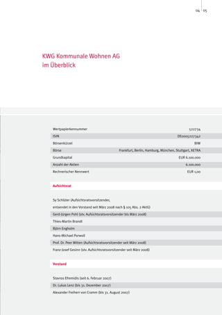 04 05




KWG Kommunale Wohnen AG
im Überblick




   Wertpapierkennummer							                                                                522734

   ISIN								                                                                       DE0005227342

   Börsenkürzel									                                                                         BIW

   Börse      	                                 Frankfurt, Berlin, Hamburg, München, Stuttgart, XETRA

   Grundkapital								                                                               EUR 6.100.000

   Anzahl der Aktien							                                                                6.100.000

   Rechnerischer Nennwert						                                                             EUR 1,00



   Aufsichtsrat



   Sy Schlüter (Aufsichtsratsvorsitzender,

   entsendet in den Vorstand seit März 2008 nach § 105 Abs. 2 AktG)

   Gerd-Jürgen Pohl (stv. Aufsichtsratsvorsitzender bis März 2008)

   Thies-Martin Brandt

   Björn Engholm

   Hans-Michael Porwoll

   Prof. Dr. Peer Witten (Aufsichtsratsvorsitzender seit März 2008)

   Franz-Josef Gesinn (stv. Aufsichtsratsvorsitzender seit März 2008)



   Vorstand



   Stavros Efremidis (seit 6. Februar 2007)

   Dr. Lukas Lenz (bis 31. Dezember 2007)

   Alexander Freiherr von Cramm (bis 31. August 2007)
 