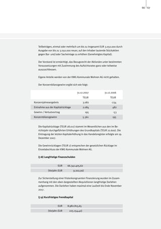 66 67




   Teilbeträgen, einmal oder mehrfach um bis zu insgesamt EUR 3.050.000 durch
   Ausgabe von bis zu 3.050.000 neuer, auf den Inhaber lautende Stückaktien
   gegen Bar- und/oder Sacheinlage zu erhöhen (Genehmigtes Kapital).

   Der Vorstand ist ermächtigt, das Bezugsrecht der Aktionäre unter bestimmten
   Voraussetzungen mit Zustimmung des Aufsichtsrates ganz oder teilweise
   auszuschliessen.

   Eigene Anteile werden von der KWG Kommunale Wohnen AG nicht gehalten.

   Der Konzernbilanzgewinn ergibt sich wie folgt:


				                                     31.12.2007		          31.12.2006
					                                         TEUR	     	            TEUR
Konzernjahresergebnis			                      3.082		                 -234
Entnahme aus der Kapitalrücklage 		           2.084			                 482
Gewinn-/ Verlustvortrag			                        195			               -53
Konzernbilanzgewinn			                        5.361			                 195


   Die Kapitalrücklage (TEUR 28.011) stammt im Wesentlichen aus den im Be-
   richtsjahr durchgeführten Erhöhungen des Grundkapitals (TEUR 22.600). Die
   Eintragung der letzten Kapitalerhöhung in das Handelsregister erfolgte am 19.
   Dezember 2007.

   Die Gewinnrücklagen (TEUR 2) entsprechen der gesetzlichen Rücklage im
   Einzelabschluss der KWG Kommunale Wohnen AG.

   (7.8) Langfristige Finanzschulden
   	
   		                EUR	     66.341.405,62
   	        (Vorjahr:	EUR	            9.202,00)

   Zur Sicherstellung einer fristenkongruenten Finanzierung wurden im Zusam-
   menhang mit den oben dargestellten Akquisitionen langfristige Darlehen
   aufgenommen. Die Darlehen haben maximal eine Laufzeit bis Ende November
   2017.

   (7.9) Kurzfristiges Fremdkapital
   	
   		                EUR	     8.982.815,65
   	        (Vorjahr:	EUR	     225.154,42)
 